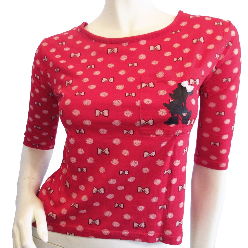 Y2K Disney Parks Minnie Mouse Red Polka Dot Bow Print Pocket T-Shirt Tee Top XS